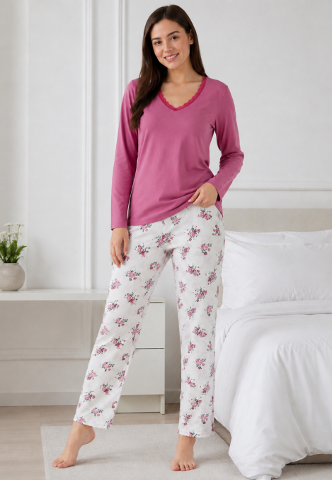 Pijama damă Serena bluză cu maneca lunga și pantaloni - Roz pudra, Engros